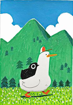 a painting of a duck in front of a green mountain with trees and grass on the ground