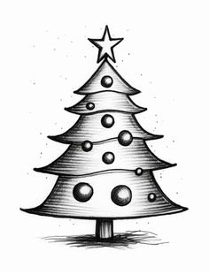 a black and white drawing of a christmas tree with stars on it's top