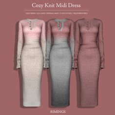 three dresses in different colors and sizes, with the words cozy knit midi dress on them