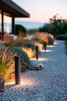 some lights are on the side of a road near grass and bushes in front of a house