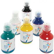 six different colors of ink in bottles