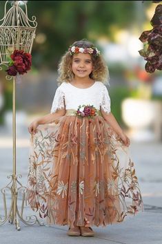 Burnt Orange Floral Embroidered Short Sleeve Flower Girl Dress – The Little Kitten Boutique Orange Flower Girl, Fall Flower Girl, Fall Flower Girl Dresses, Floral Sash, Junior Bridesmaids, Long Flower Girl Dresses, Custom Sash, Boho Style Wedding, Elegant Fall