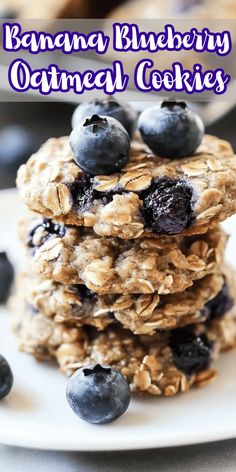 blueberry oatmeal cookies stacked on top of each other with the words, banana and blueberry oatmeal cookies