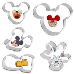 mickey mouse cookie cutters are shown in various shapes and sizes, including the ears