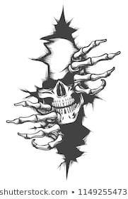 a black and white drawing of a hand holding a skull