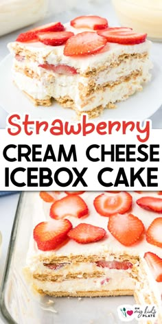 strawberry cream cheese icebox cake with strawberries on top