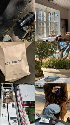 a collage of photos with various items in the foreground and on the ground