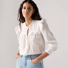 Gianna Long Sleeve Blouse - White | Levi's® US White Levis, Shirt Blouses Tops, High Neckline, Ruffle Trim, No Frills, Bright White, Levi's, Sleeve Blouse, Blouses For Women