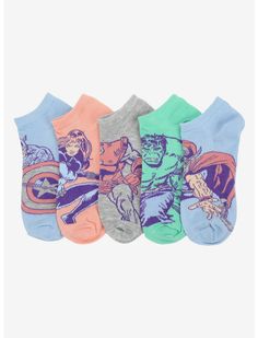 five pairs of socks with cartoon characters on them