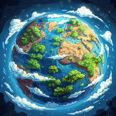 the earth is surrounded by trees and clouds in this cartoon - like scene, which appears to be floating on water