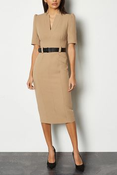 Forever Dress | Karen Millen Modern V-neck Dress For Work, Elegant Midi Dress With Notched Neckline For Fall, Elegant Fall Midi Dress With Notched Neckline, V-neck Midi Dress For Office Wear, Classic V-neck Career Dresses, Chic Office Dress With Notched Neckline, Fitted V-neck Midi Dress For Career, Semi-formal Midi Dress With Notched Neckline, Office Dress With Notched Neckline For Fall