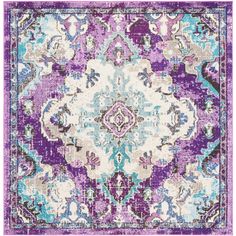 a purple and blue rug with an ornate design