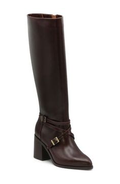 A cushioned, arch-supporting footbed and flexible sole ensure comfortable stepping in this leather boot framed with an almond toe and flared stacked heel. 3" heel 15" shaft; 14" calf circumference Side zip closure Cushioned footbed with arch support Leather upper/synthetic lining and sole Imported Leather High Shaft Boots For Workwear, Brown Knee-high Boots With Block Heel And Medium Width, High Shaft Calf Leather Boots For Fall, Elegant High Shaft Brown Boots, Formal Brown High Shaft Heeled Boots, Elegant Brown High Shaft Boots, Leather Knee-high Boots With Stacked Heel For Fall, Brown Knee-high Boots With Padded Heel, Brown High Shaft Heeled Boots For Wide Calves