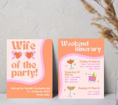 two flyers for a wine tasting party on a table next to a vase with flowers