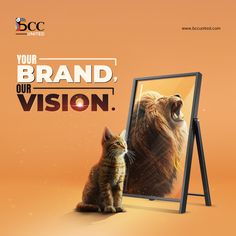 a cat sitting in front of a mirror with the caption your brand, our vision