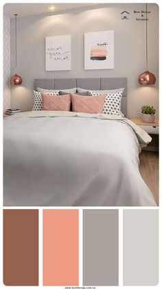 a bedroom with pink and grey colors in the bed, nightstands and lamps on either side of the bed