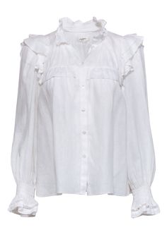 French label Etoile Isabel Marant makes this perfect white linen blouse! This romantic linen top features billowing ruffles at the chest and sleeves, with a high neck and cutout trim. It works well tucked into your favorite denim jeans or pencil skirt. Size 4 (36) 100% Linen Button-down Smocked detail at neck and sleeve Ruffle trim Bust 36" Waist 42" Shoulder to hem 24" Sleeve length 25.25" Ruffled Linen Blouse, Long Sleeve Linen Blouse With Ruffles, Summer Linen Top With Ruffled Collar, Long Sleeve Linen Tops With Ruffles, Chic White Linen Blouse, Feminine Linen Top With Ruffles, Elegant Linen Spring Blouse, Elegant White Linen Top, White Linen Blouse For Fall