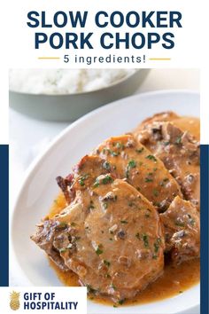 slow cooker pork chops recipe on a white plate with text overlay that reads, slow cooker pork chops 5 ingredients