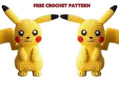 two crocheted pikachu dolls sitting next to each other with the words free crochet pattern