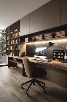 a desk with a computer on top of it in front of a bookshelf