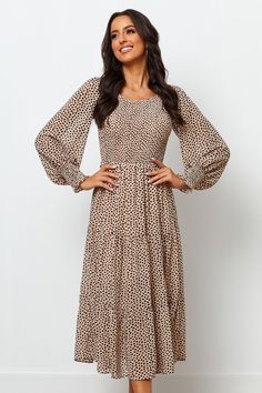 Round Neckline Long Sleeves Elasticised Waist Midi Dress - Dresses - CherieDay Short Dress Patterns, Floral Print Short Dress, Solid Midi Dress, Floral Chiffon Maxi Dress, Moms Fashion, Printed Short Dresses, Tie Maxi Dress, Floral Print Midi Dress, Comfy Dresses