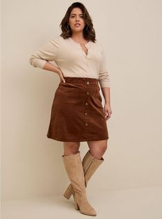 Plus Size Mini Corduroy Button-Front Skirt, BROWN LIGHT BROWN Corduroy Skirt Outfit, Plain Skirt, Button Front Skirt, Shirt Tucked In, Brown Skirts, Corduroy Fabric, Corduroy Skirt, Plus Size Skirts, Skirt Outfits