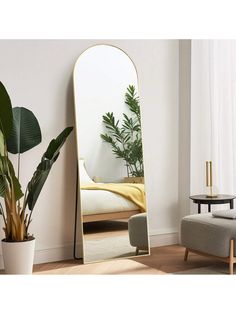 a large mirror sitting on top of a wooden floor next to a potted plant