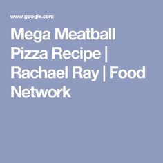 the mega meatball pizza recipe is shown in white text on a light blue background