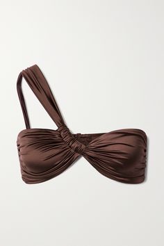 GOOD AMERICAN's 'Bali' bikini top is made from swim-friendly stretch-satin that's gathered to create such beautiful texture. It's complete with a one-shoulder neckline and padded cups for support. Wear yours with the coordinating briefs. Bathing Suits Brown, Womens Bathing Suits Bikinis Summer, Black Bikinis For Women, Satin Swimsuit, Cool Bikinis, Textured Swimwear, Brown Bathing Suit, Bamba Swim, Brown Swimsuit