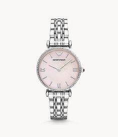 Emporio Armani Women's Two-Hand Stainless Steel Watch - AR1779 - Watch Station Classic Pink Watch With Round Dial, Classic Pink Watches With Rectangular Dial, Classic Pink Watch With Rectangular Dial, Pink Chronograph Watch For Formal Occasions, Luxury Pink Watches With Rectangular Dial, Luxury Pink Watch With Rectangular Dial, Pink Watches With Diamond Hour Markers, Elegant Pink Analog Watch, Timeless Formal Pink Watch