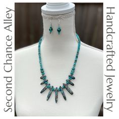 This is one of my handmade, stone necklaces that I design and create myself. I'm Ali of Second Chance Alley Designs. This particular necklace is made from 10, 8, and 6mm Crackle Agate. There are Turquoise rondelle spacer stone beads throughout the design. The fan in the center is made of composition agate. It is spaced with elegant silver beads between the stone beads and is finished with a beautiful toggle style clasp. It measures 22'" in length. The fan beads in the center vary from 1 5/8" in length in the very center and 1/2" at the smaller side. This can be gift wrapped for any occasion upon request after purchase. I go all out for my customers. Just let me know.  All my necklaces come with a pair of matching earrings. As always please buy responsibly and if you have any questions befo Turquoise Agate Necklace With Round Beads As Gift, Handmade Turquoise Blue Agate Necklace, Handmade Blue Turquoise Agate Necklace, Handmade Blue Agate Turquoise Necklace, Handmade Turquoise Agate Beaded Necklaces, Beaded Chrysocolla Turquoise Necklace As A Gift, Turquoise Agate Beaded Necklaces As Gift, Turquoise Agate Beaded Necklace As Gift, Turquoise Agate Beaded Necklace For Gift