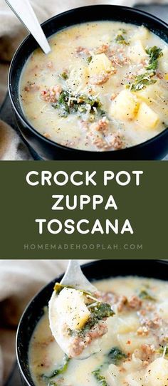 two bowls of crock pot zuppa toscana with broccoli and cheese