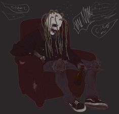 a drawing of a man with dreadlocks sitting in a chair holding a bottle