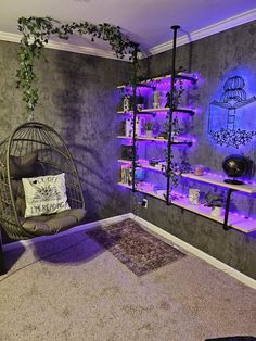 a living room filled with furniture and purple lighting