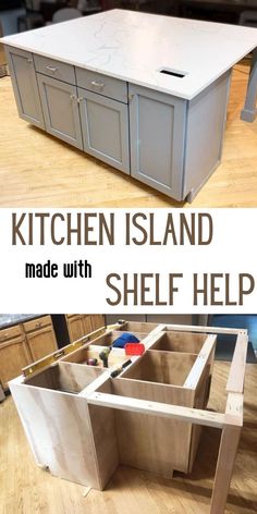 the kitchen island made with shelf help is shown in two different pictures and has been painted white