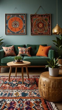 a living room filled with green couches and colorful rugs