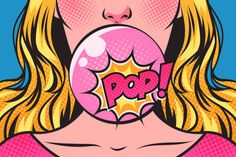 a woman blowing up a bubble with the word pop on it's face in front of her mouth