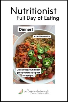 a poster with the words nutritionist full day of eating and an image of a bowl of food