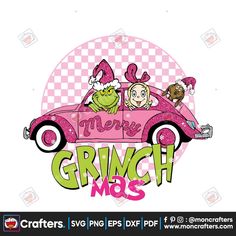 a pink car with the words merry grin and two cartoon characters in it, on top of