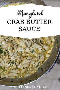 crab butter sauce in a pan with text overlay