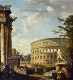 an oil painting of roman ruins and people in the foreground, with a large building in the background