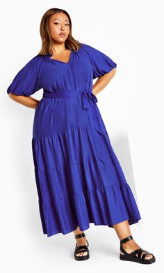 Escape Dress - ultramarine Blue V-neck Tiered Dress With Ruffle Hem, Strappy Wedge Heels, Skirt Linen, Into The Blue, Notched Neckline, Maxi Bridesmaid Dresses, Plain Dress, Resort Dresses, Mini Handbag