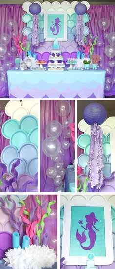 a collage of photos with balloons, decorations and other items for a little mermaid birthday party