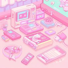 a bunch of electronic devices sitting on top of a pink floor next to each other