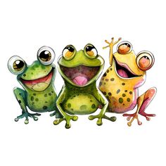 three green and yellow frogs sitting next to each other