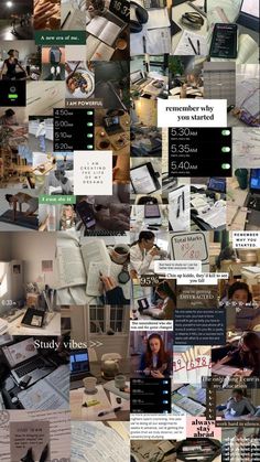 a collage of images with people working on computers and papers in them, including books