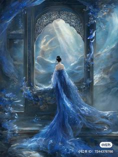 a painting of a woman in blue dress looking at the sky through an open door