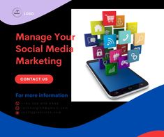 a tablet with social media icons on it and the words manage your social media marketing contact us for more information