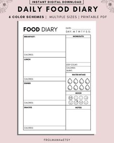 the printable food diary for adults and children is shown in white with pink flowers