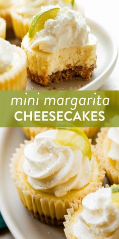 mini margarita cheesecakes on a white plate with the title in green and yellow